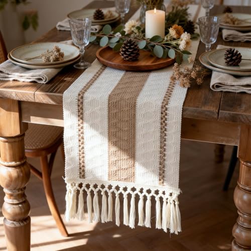 Boho Table Runner with Tassels, Natural Cotton Linen Blend Farmhouse Table Runners for Easter Decor Spring Fall Home Decor Dining Coffee Tables Centerpiece for Living Room Kitchen 47" - color: Beige Stripes, size: 48"