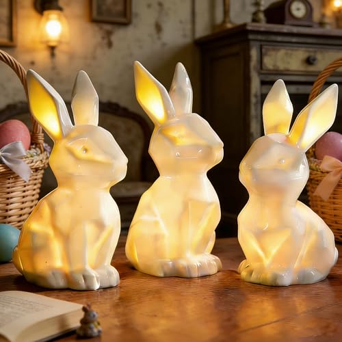 NEROSUN 3 Pack Easter Bunny Decorations, Ceramic White Rabbit Statues Ornaments, Lighted Bunny Table Centerpiece for Easter Party, Spring Home Decor and Shelf Display