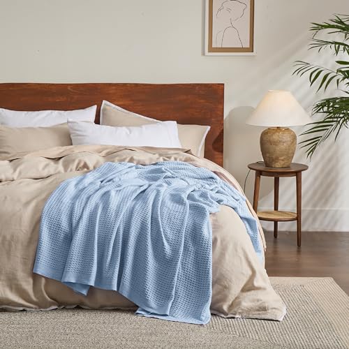 Bedsure 100% Cotton Throw Blanket for Couch, Waffle Weave, Light Blue - color: 09 Light Blue, size: Throw XL (50" X 70")