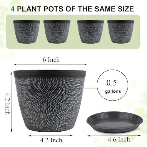 Quarut 4 Pack 6 Inch Flower Pots,Plastic Plant Pots with Drainage Hole&Tray - color: Gray, size: 6 Inch
