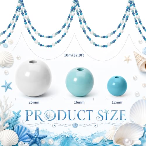 Giegxin 32.8 FT Coastal Blue Wood Bead Garland, White Blue Mixed Size Wooden Beads Farmhouse Decor, Rustic Beaded Strand for Tiered Tray, Mantel, Table, Shelf and Beach House Decorations - color: Gradient Blue