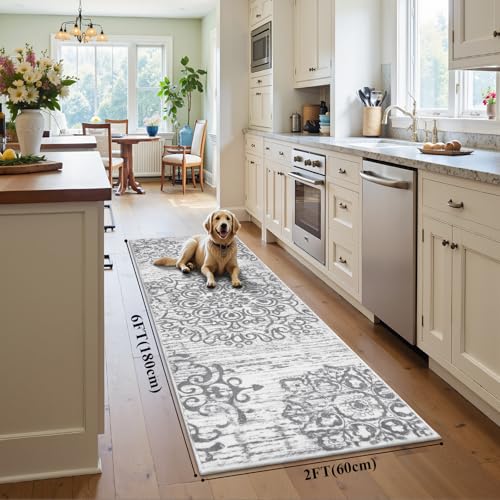 HEBE Hallway Runner Rug 2'x6', Washable Non Slip Kitchen Rug Runner - color: Grey, size: 2' x 6' (Rectangular)