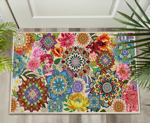 Boho Floral Door Mat 2x3, Colorful Flowers Indoor Entry Rug Non Slip Small Area Rug for Entryway Kitchen Bathroom Front Door Mats Indoor Entrance Washable Doormat Carpet Aesthentic - color: Boho Floral, size: 2' x 3'