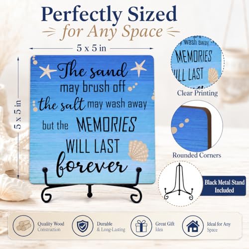 Beach Wood Sign with Stand, The Sand May Brush Off the Salt May Wash Away but Memories Will Last Forever, Ocean Theme Wooden Plaque for Coastal House Desk Shelf Table Decor-B15 - style: Memories Will Last Forever
