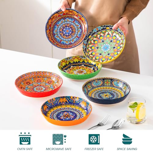 vancasso 32 Oz Pasta Bowls, Porcelain Large Colorful Salad Soup Bowls Set of 6, Pasta Serving Bowls Plates for Kitchen, Dishwasher & Microwave Safe, Series KRVI - color: Boho