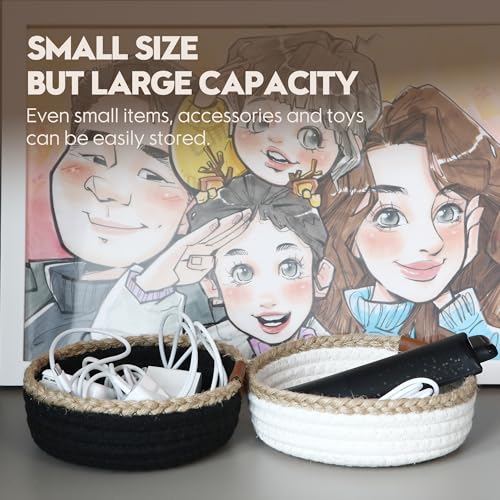 Sea Team 3-Pack Compact Nesting Woven Cotton Rope Storage Baskets, Black - color: Black & Jute
