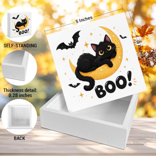 Funny Halloween Desk Decor, Cute Black Cat on Moon Wooden Box Sign, Spooky Bat Shelf Decor for Home Office Table Decoration, Halloween Gifts 5x5 Inches - color: Sign-4