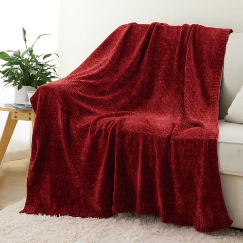 BATTILO HOME Christmas Red Throw Blanket for Couch, Chenille Knit Blanket for Sofa, Chair, Christmas Decor, Super Soft Blanket, 51"x67" - color: Burgundy