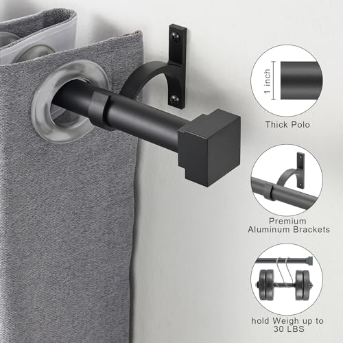 Single Curtain Rods for Windows 144 to 164 Inch(12-13.6ft),1 Inch Diameter Adjustable Heavy Duty Drapery Rods,with Modern Square Aluminum Alloy Finials,Matte Black - color: Matte Black, size: 144-164"