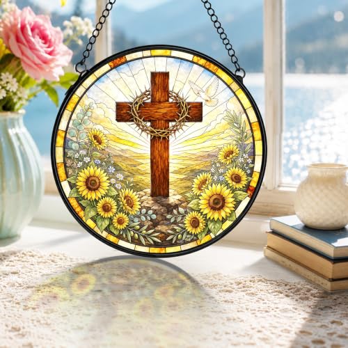 Sunflower Christian Stained Glass Window Hanging Decorations 7.9x7.9 - color: Crucifix-5