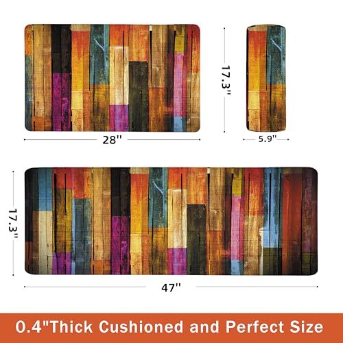 Kitchen Mats for Floor Colorful kitchen rugs Cool Wooden Abstract Anti Fatigue Kitchen Mats Waterproof Floor Mats Cushioned Non-Skid Standing Mats for Laundry, Sink, Set of 2,17.3 x 28+17.3 x 47 Inch - color: Colorful Wooden