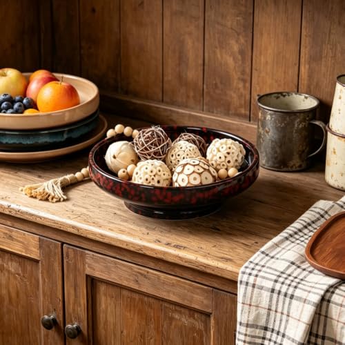 Ceramic Fruit Bowl for Kitchen Counter,Decorative Pedestal Bowl for Table Countertop,Japanese Stye Large Footed Serving Bowl,10.2 Inch (Red) - color: Red