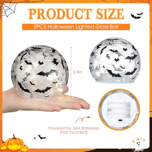 Rossesay 2 Pcs Halloween Glass Ball Lights 3.9 Inch Bat LED Globe Lights