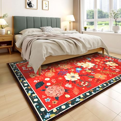 Terrug Floral Large Area Rug for Living Room, Washable 6x9 Red Christmas Rug Boho Ultra-Thin Carpet, Soft Non Slip Stain Resistant Vintage Rug for Bedroom, Dorm, Dining Room, Office - color: Red, size: 6' x 9' (Rectangular)