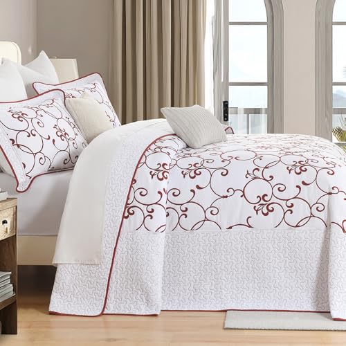 100% Cotton Oversized King Bedspreads 120x120, Burgundy White - color: White/Burgundy, size: King/Cal King(120"x120")