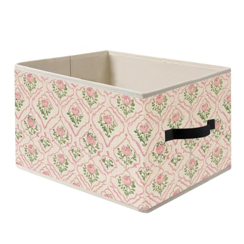 Grandmillennial Pink Rose Floral Storage Basket Organizer - color: Pink Rose