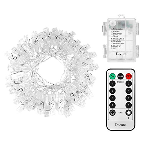 Decute 50LED Photo Clips String Lights Holder Timer Function 8 Modes Dimmable with Remote, 17FT Fairy Starry Lights for Christmas Card Bedroom Wedding Party Hanging Photos Pictures Memos, Warm White - color: Warm White 02