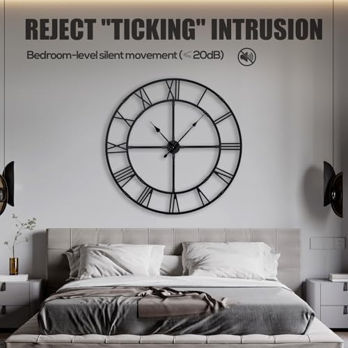 48 Inch Large Silent Wall Clock, Easy Assembly Roman Numeral Black - color: Black Metal Wall Clock, size: 48inch
