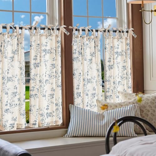 jinchan Blue Floral Kitchen Tier Curtains Alisa 36 Inches Tie Top 2 Panles - color: Alisa Blue on Linen, size: 26"W x 36"L (Pack of 2)
