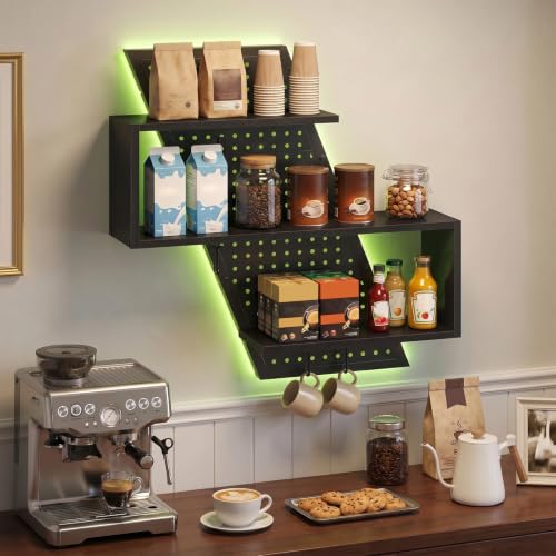 S-Shaped Gaming Floating Shelf with LED Light Strip, 3 Tier Wall Floating Shelf with Pegboard & 4 Removable Hooks, for Bedroom, Game Room, Living Room, Study, Black 999BKSDBJ180 - color: Black