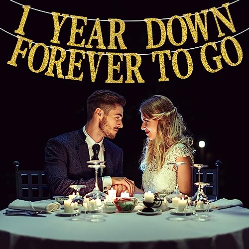 1 Year Down Forever to Go Banner, 1 Year of Marriage Gift, Happy 1st Wedding Anniversary Party Decoration Supplies, Gold Glitter