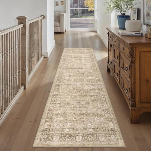 2.6x8 Washable Kitchen Runner Rug Non-Slip Vintage Khaki Throw Carpet - color: Accent | Beige Khaki, size: 2'6" x 8' (Runner)