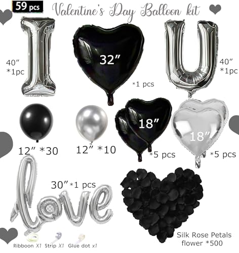 I Love You Balloons for Him/Her Balloons Black and silver romantic balloon kit with heart LOVE mylar balloons Black rose petals for hotel Dec orations Valentines Party wedding anniversary supplies - color: Black and Silver