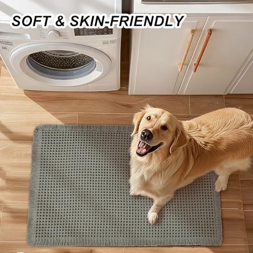 Luxury Waffle Bath Mat, Super Absorbent Non Slip Bathroom Rugs, Boho Ultra Soft Comfort Machine Washable Quick Dry Floor Mats with Tassels (Olive Green, 17" x 24" + 24" x 72") - color: Olive Green, size: 17" X 24" + 24" X 72"