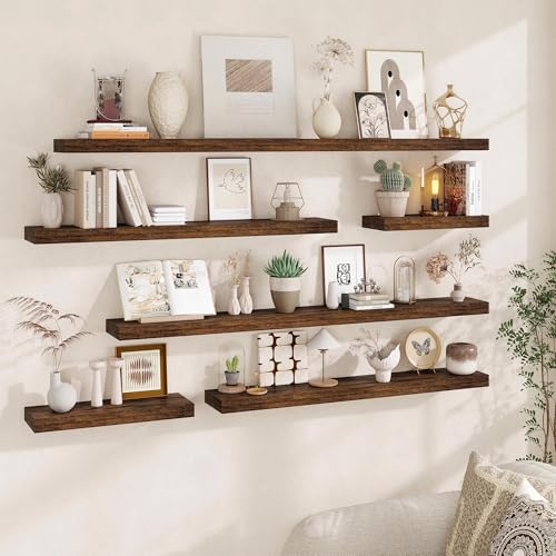 Fun Memories 60 Inch Fireplace Mantel - Long Floating Shelf, Wall Mounted Farmhouse Display with Invisible Heavy Duty Metal Bracket, Brown, 2 Pack - color: Brown, size: 6.5"D x 60"L