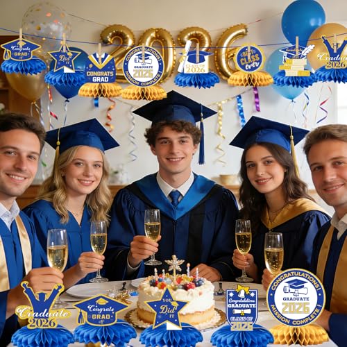 Class of 2026 Graduation Decorations - 9PCS Blue Gold Table Centerpieces, 2026 Congrats Grad Honeycomb Centerpieces Table Decor for Graduation Party Supplies - style: Graduation