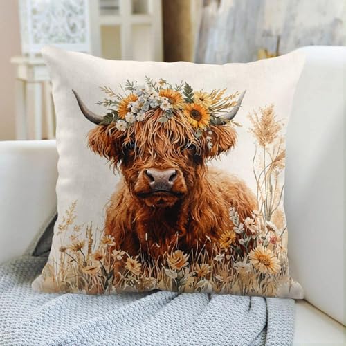 Throw Pillow Covers, Highland Rustic, Set of 4, 18"x18" - color: Highland Cow 2