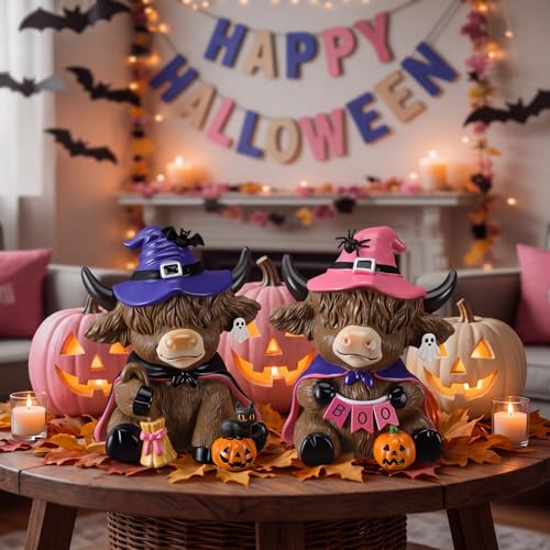 Karenhi 2 Pcs Halloween Highland Cow Figurines, Witch Hat Pumpkin Decor - style: Boo