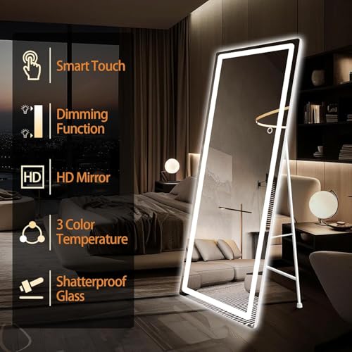KKN LED Full-Length Mirror Dimmable Three-Color Lighting Vertical/wall-Mounted Aluminum-Framed Cosmetic Mirror Bedroom Salon Dressing Oversized Black-Framed smart Mirror (Grey) - color: Grey