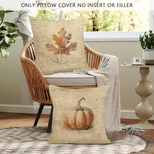 Vintage Farmhouse Fall Pumpkin Throw Pillow Covers 18x18 Set of 2, Autumn Leaves Pumpkin Decor Pillow Cases, Rustic Thanksgiving Harvest Decor Cushion Cover Pillowcases for Home Bedroom - color: Leaves
