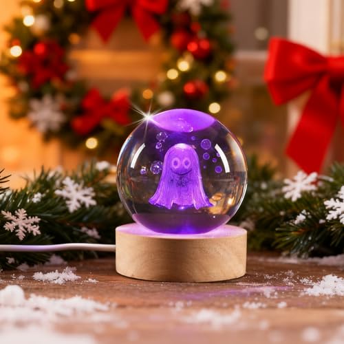3D Ghost Crystal Ball Night Light,2.36inch Laser Engraved Led Light with Wooden Base, Gifting Box for Birthday Xmas Cool Figurines Gifts for Halloween Room Decor Boys Girls - color: Red