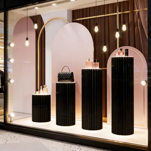 4Pack Cylinder Stands for Party, Foldable Cardboard Columns with 4 Clear Round Top Plates, Cake Display Pedestal Stand for Wedding Banquet Vendor Events Decorative (Black) - color: Black