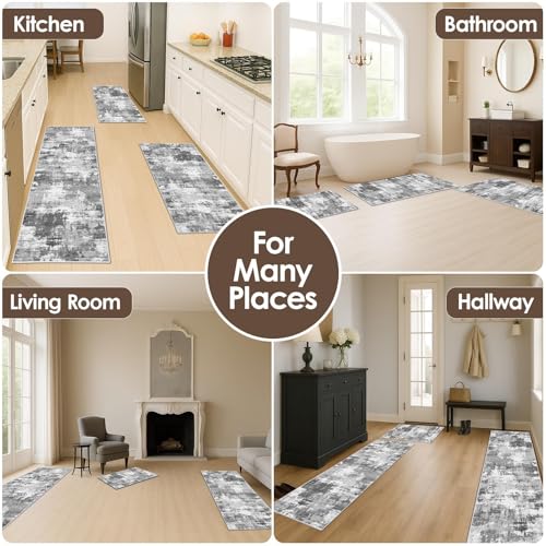 Kitchen Rugs Sets of 3 Non Slip Washable Mats for Floor, Gray - color: Grey