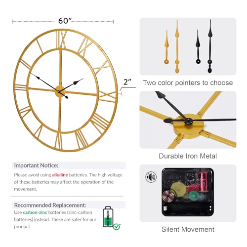 60 Inch Large Silent Wall Clock, Easy Assembly Roman Numeral Gold - color: Gold Metal Wall Clock, size: 60inch