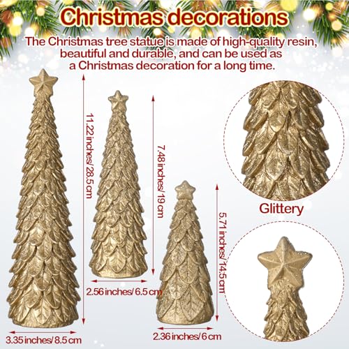Beeveer 3 Pcs Christmas Tree Figurines Set Glitter Resin Tabletop Christmas Tree Decor Elegant Xmas Tabletop Centerpieces for Tables Desk Shelf Mantel Holiday Indoor Decorations(Gold) - color: Gold