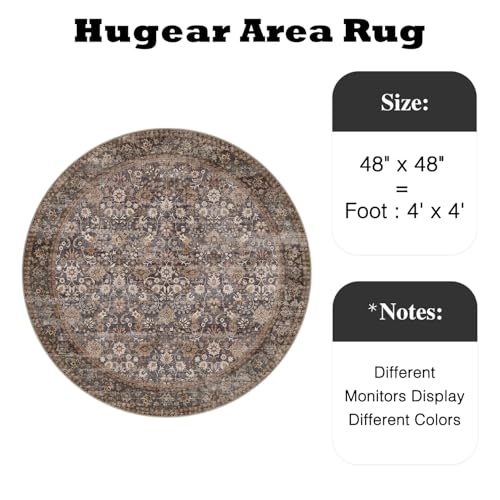 HUGEAR 4ft Round Brown Blue Vintage Floral Washable Rug for Living Room - color: Floral | Brown/Blue, size: 4' (Round)