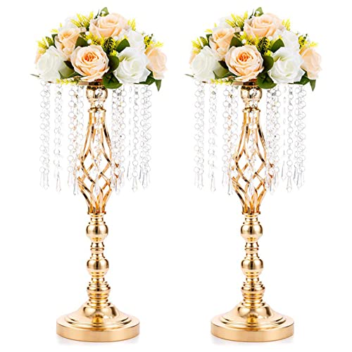2 Pcs 19.3 inches Gold Tall Crystal Flower Stand and Holders Centerpiece Chandelier Metal Vase for Wedding Reception Tables - color: Gold, size: Medium - 2 Pcs