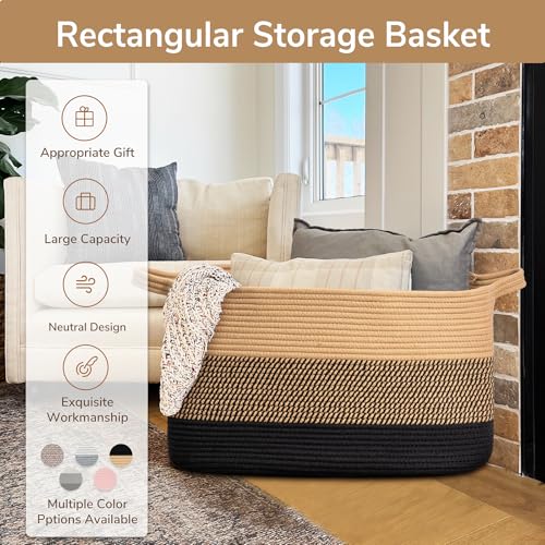 Goodpick Large Woven Blanket Basket, Rectangle, Black Jute, 75L - color: Black Jute, size: Large(21.6"L x 14.9"W x 11.8"H)