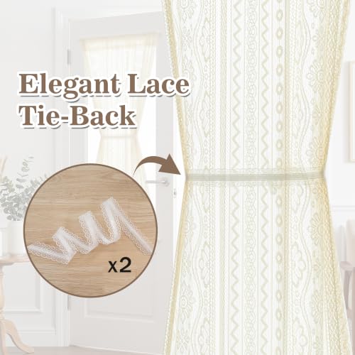 MYSKY HOME Beige Lace French Door Curtains 40 inch Long 2 Panels Boho Sheer Floral Curtains for Door Window Scalloped Doorway Sidelight Curtains Come with 2 Matching Tie-Backs, 26" Wide Each Panel - color: Beige, size: 26"W x 40"L (Pack of 2)