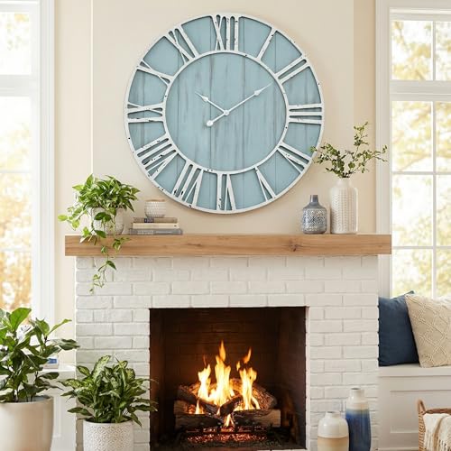 EMAX HOME Large Farmhouse Wall Clock 30 Inch Vintage Blue Wooden Wall Clock with Quiet Ticking and Minimalist Roman Numerals for Bedroom Living Room Office Kitchen Home Decor, Battery Operated - color: Blue, size: 30 Inch