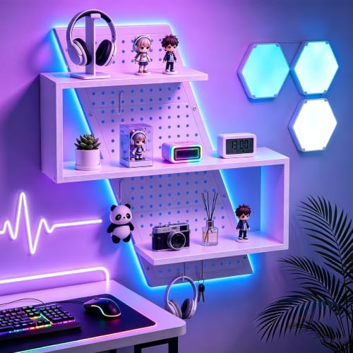 S-Shaped Gaming Floating Shelf with LED Light Strip, 3 Tier Wall Floating Shelf with Pegboard & 4 Removable Hooks, for Bedroom, Game Room, Living Room, Study, White - color: White