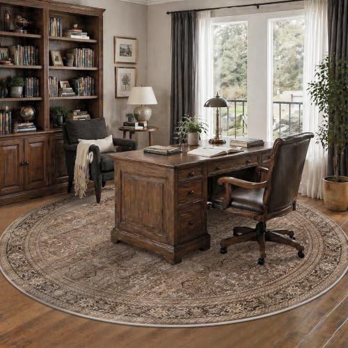 Schweek 8ft Round Rug Vintage Brown Neutral Washable Non-Slip Circle Rugs - color: Brown, size: 8' (Round)