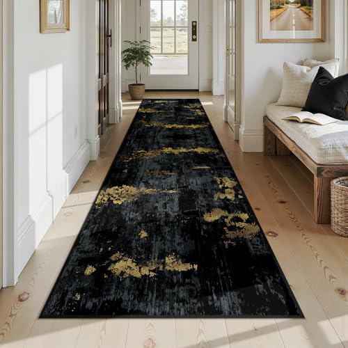 RELEANY Washable Runner 3'x12' Abstract Area Rug for Hallway Black Gold - color: Black/Gold, size: 3' x 12' (Runner)