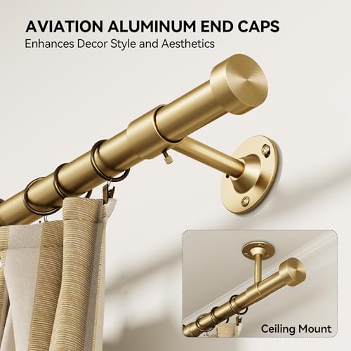 YaFex Heavy Duty Curtain Rods 32-120 Inch, 1 Inch Adjustable Gold Curtain Rod for Windows, Long Window Treatment Rods with Aluminium Finials, Easy Installation - color: Gold, size: 32" to 120"