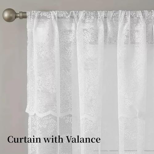 White Floral Lace Sheer Curtains with Valance for Living Room Bedroom 2 Panels Set, Rod Pocket Vintage Semi Sheer Embroidered Curtains French Retro Home Decor Window Drapes - size: 57"W x 84"L (Pack of 2)