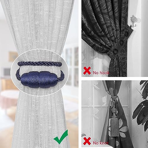 NICEEC 2 Pack Strong Magnetic Curtain Tiebacks Handmade Weave Side Rope Curtain Holdbacks Unique & Elegant Decorative Curtain Drape Tie Backs for Home & Office & Outdoor Window Drapery (Dark Blue) - color: Dark Blue, size: 2 Pack